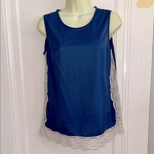 Vintage Shadowline navy blue nylon camisole pajama top with‎ lace detailing